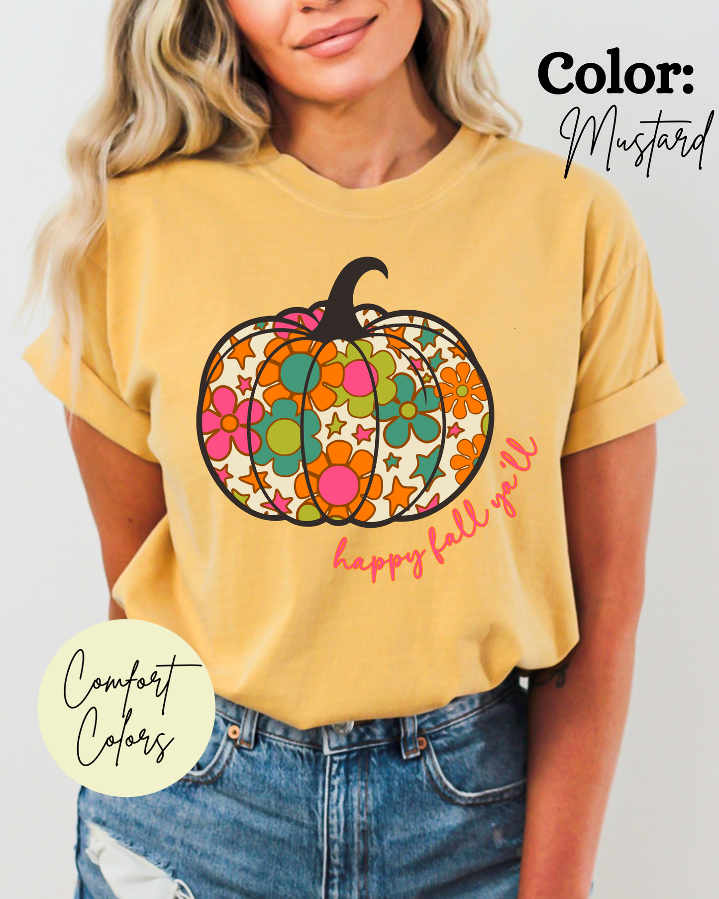 Happy Fall Yall Floral Pumpkin Comfort Colors Teeq
