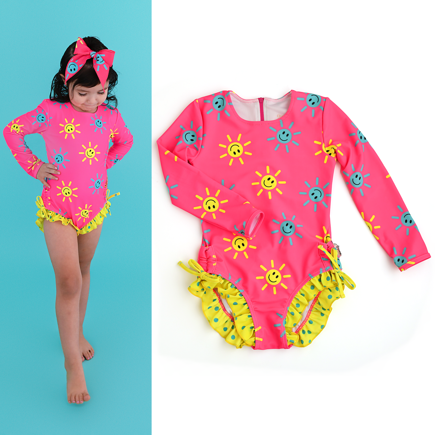 Brittany Smiley Faces LONG SLEEVE RASH GUARD SWIMSUIT