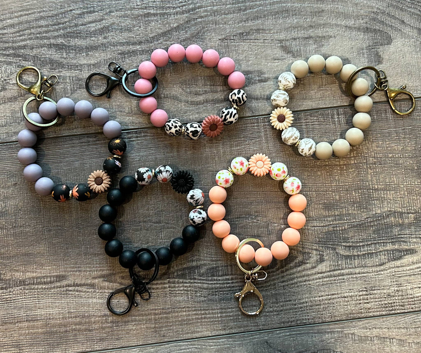 Floral Flower Silicone Bead Wristlet Keychain