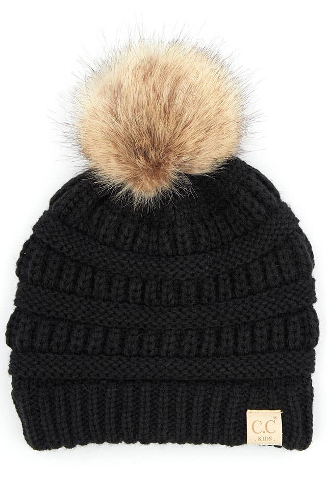 C.C Kids Solid Ribbed Beanie with Pom
