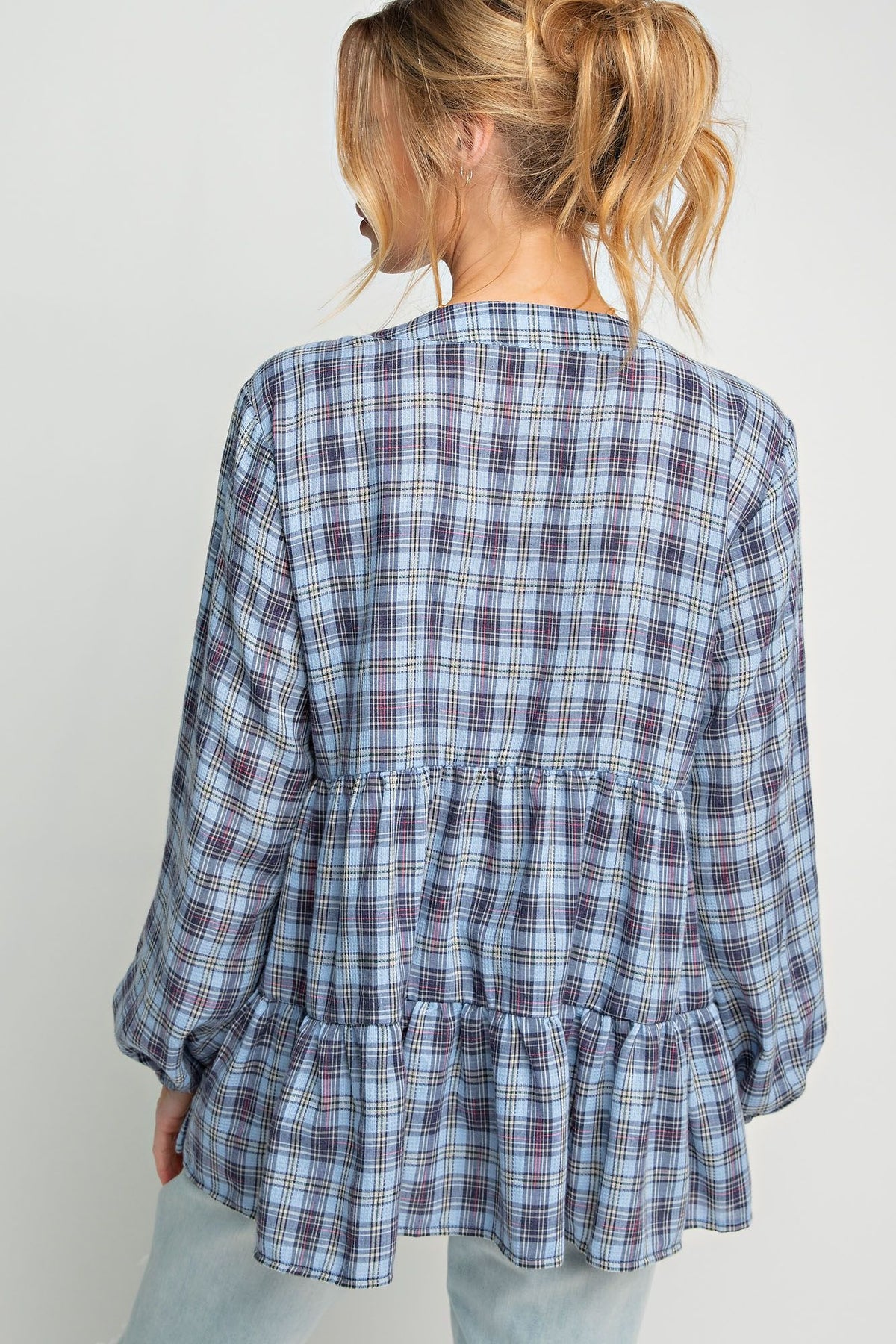 Plaid Button Down Ruffle Tunic