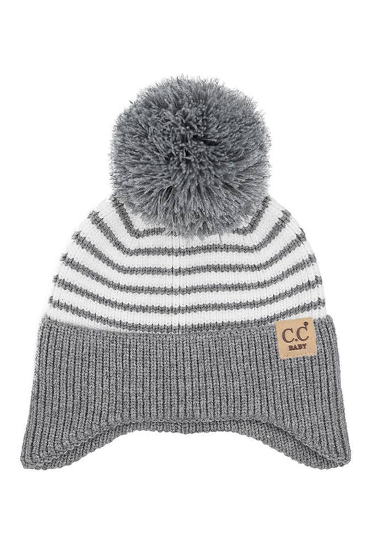 C.C Baby Stripe Earflap Yarn Pom Beanie Winter Hat
