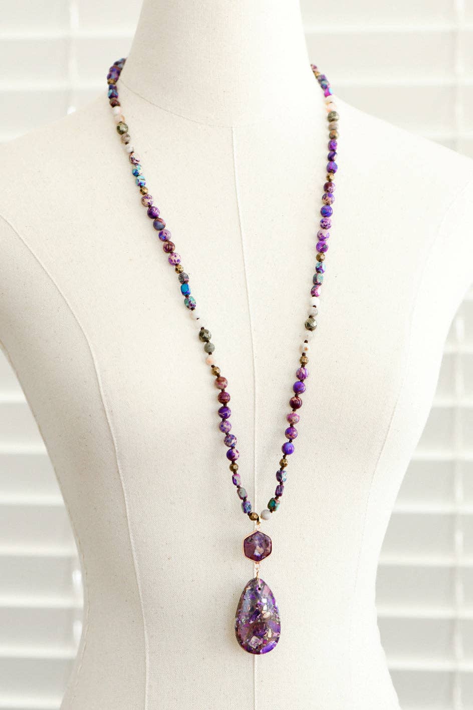 Stone Beaded Long Necklace, Large Stone Pendant