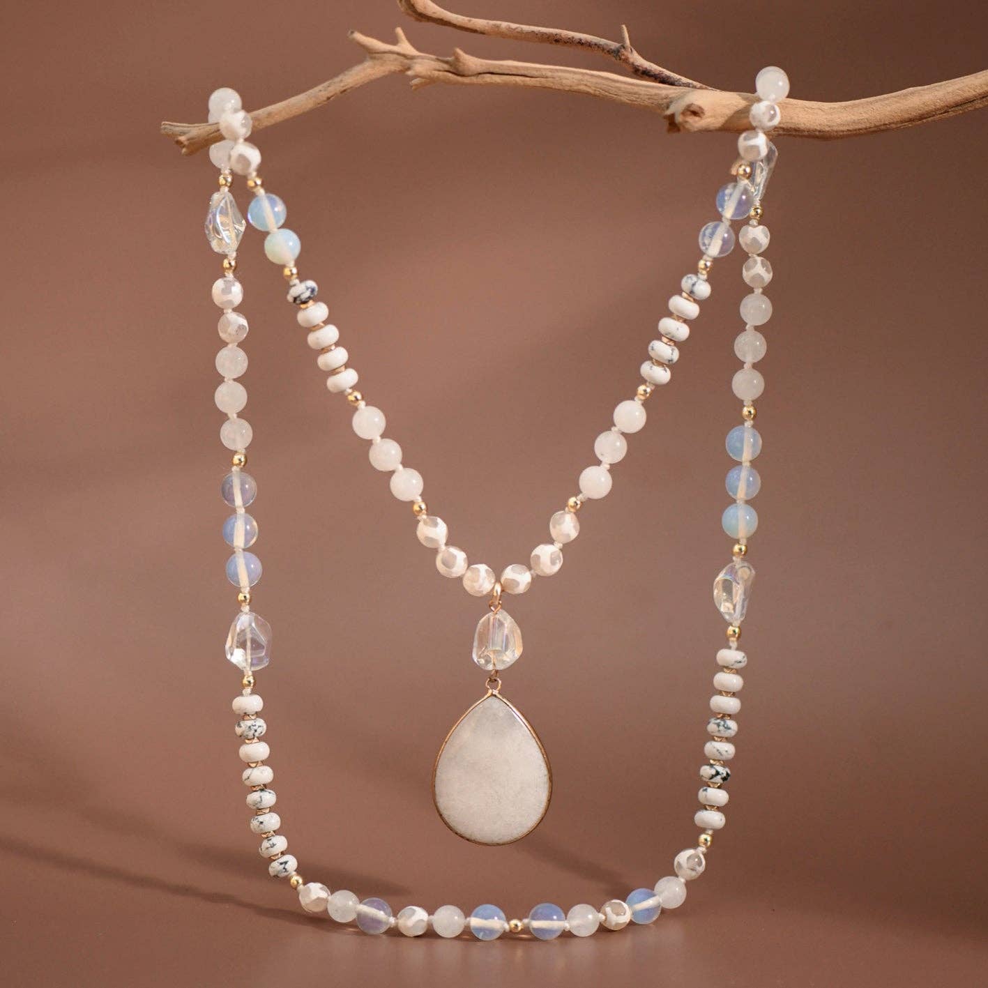 Stone Beaded Long Necklace, Large Stone Pendant