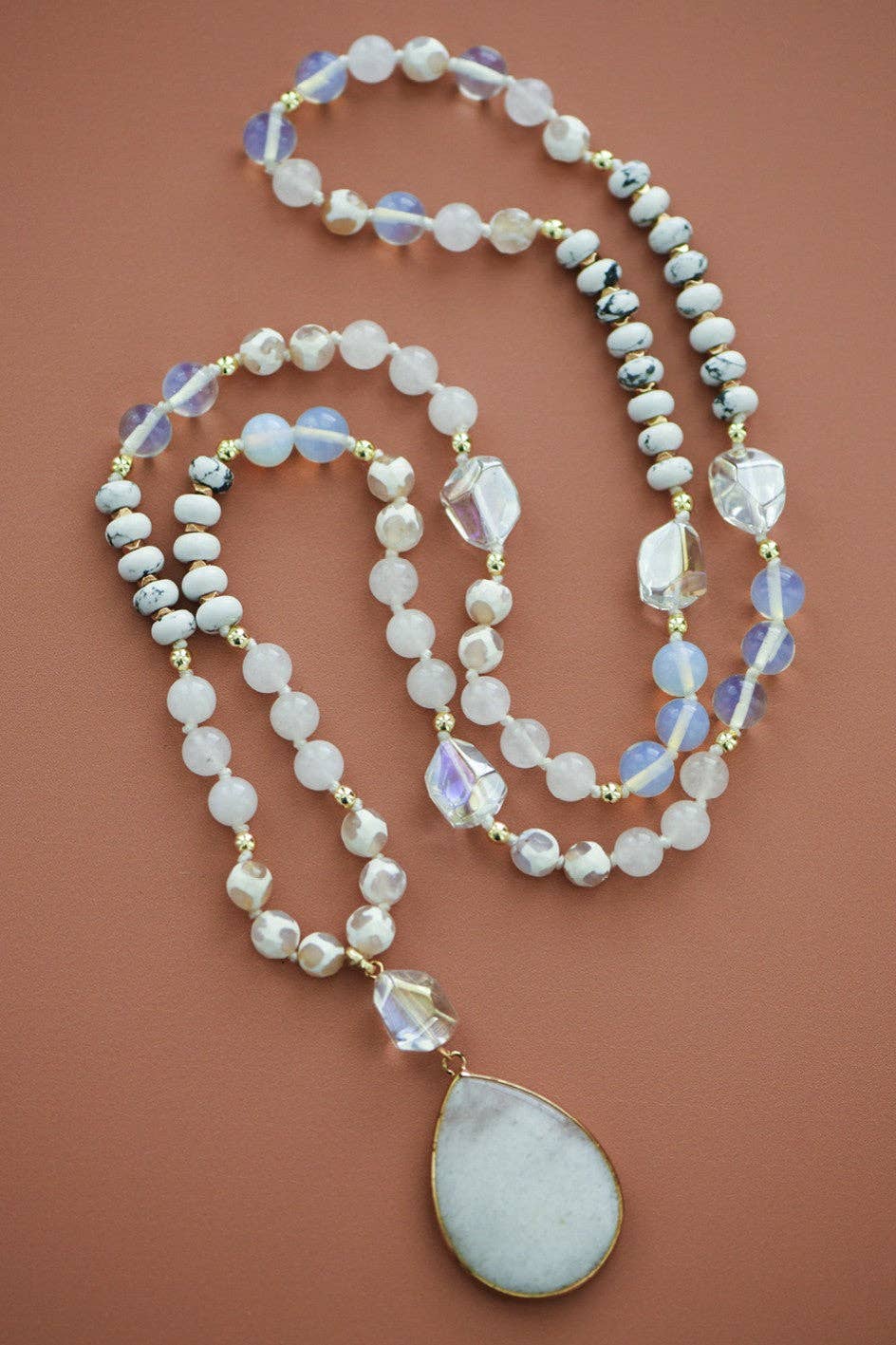 Stone Beaded Long Necklace, Large Stone Pendant