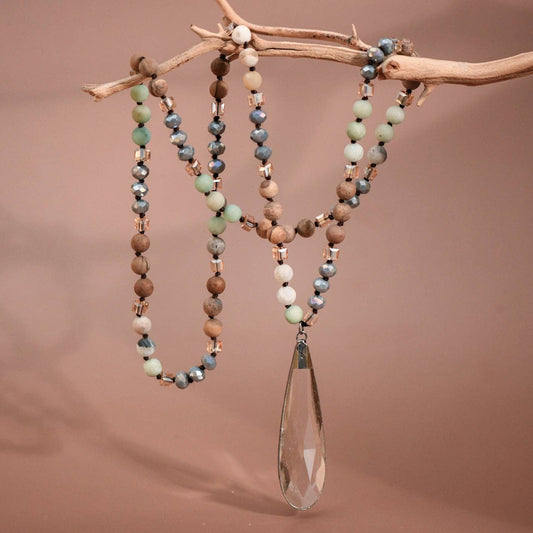 Natural Stone Bead Necklace with Crystal Pendant