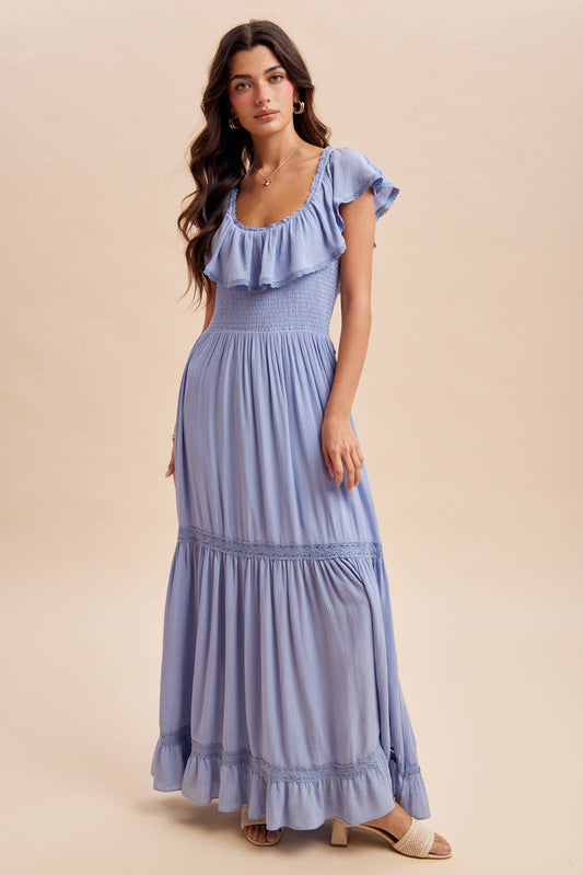 RUFFLED FLOUNCE COLLAR MAXI DRESS