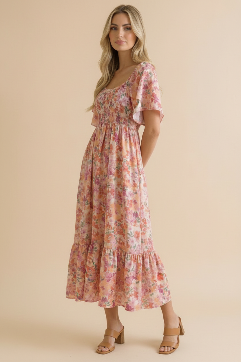 Sweetheart Flutter Sleeve Floral Maxi Dress