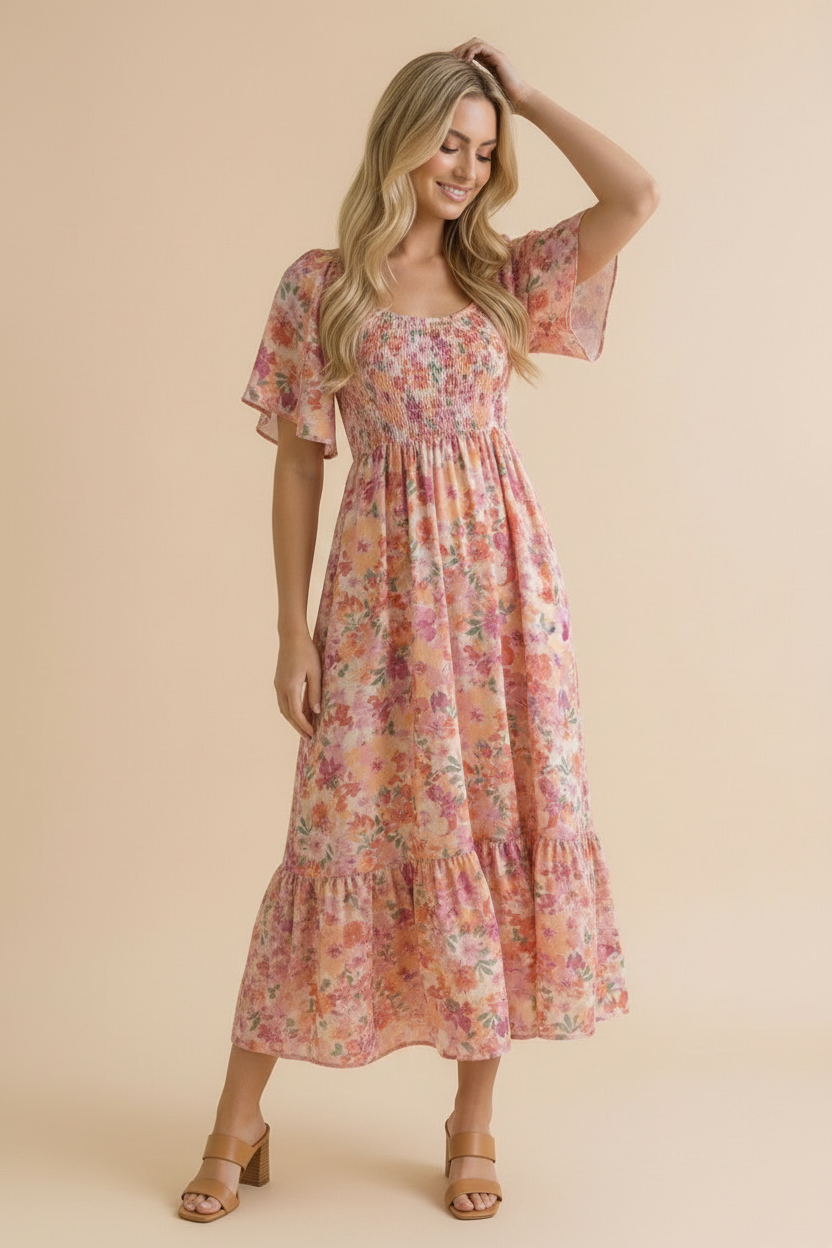 Sweetheart Flutter Sleeve Floral Maxi Dress