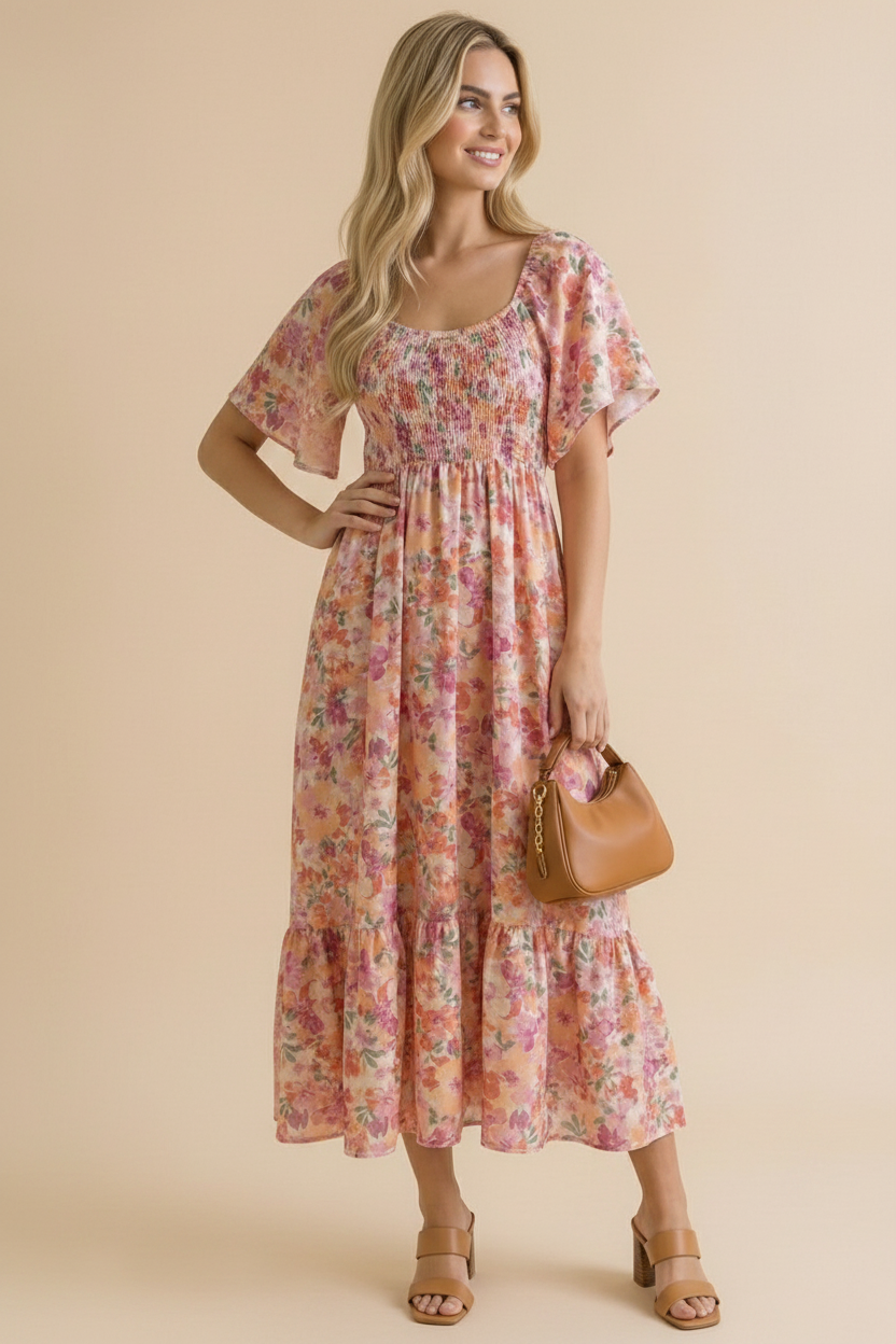 Sweetheart Flutter Sleeve Floral Maxi Dress