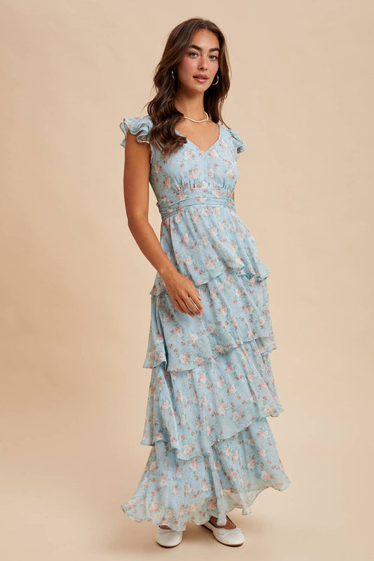 TIERED CHIFFON FLORAL DRESS