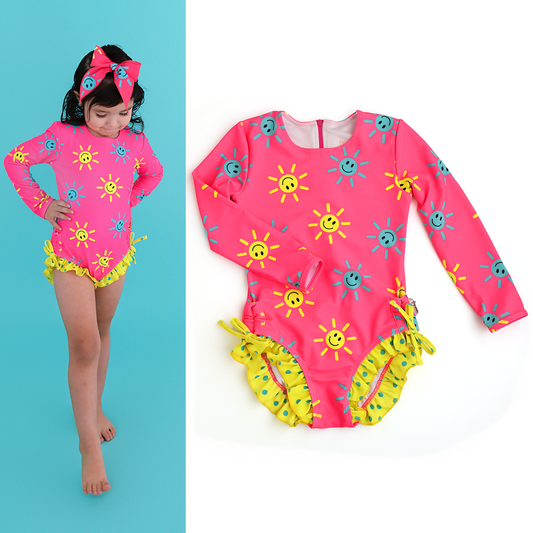 Brittany Smiley Faces LONG SLEEVE RASH GUARD SWIMSUIT