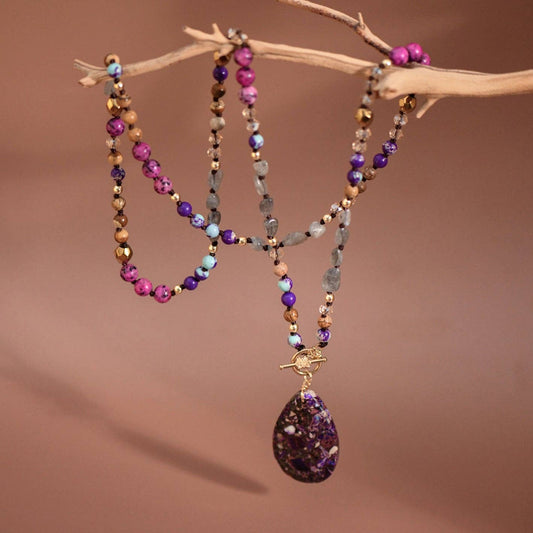 Natural Stone Bead Necklace with Stone Pendant
