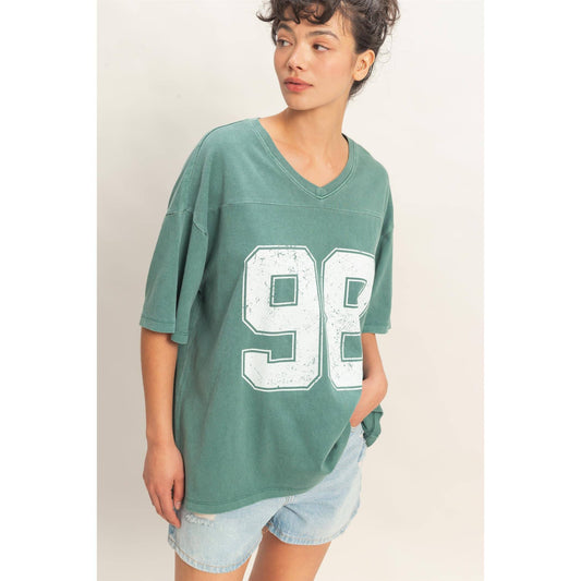 Oversized Varsity Style V-Neck Graphic T-Shirt
