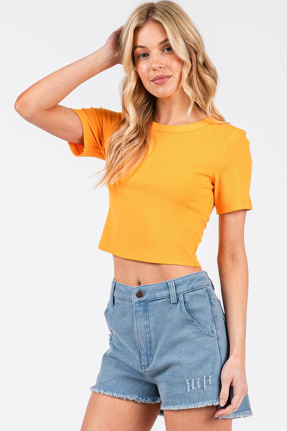 RIBBED ROUND NECK SHORT SLEEVE BASIC CROP TEE