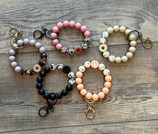 Floral Flower Silicone Bead Wristlet Keychain