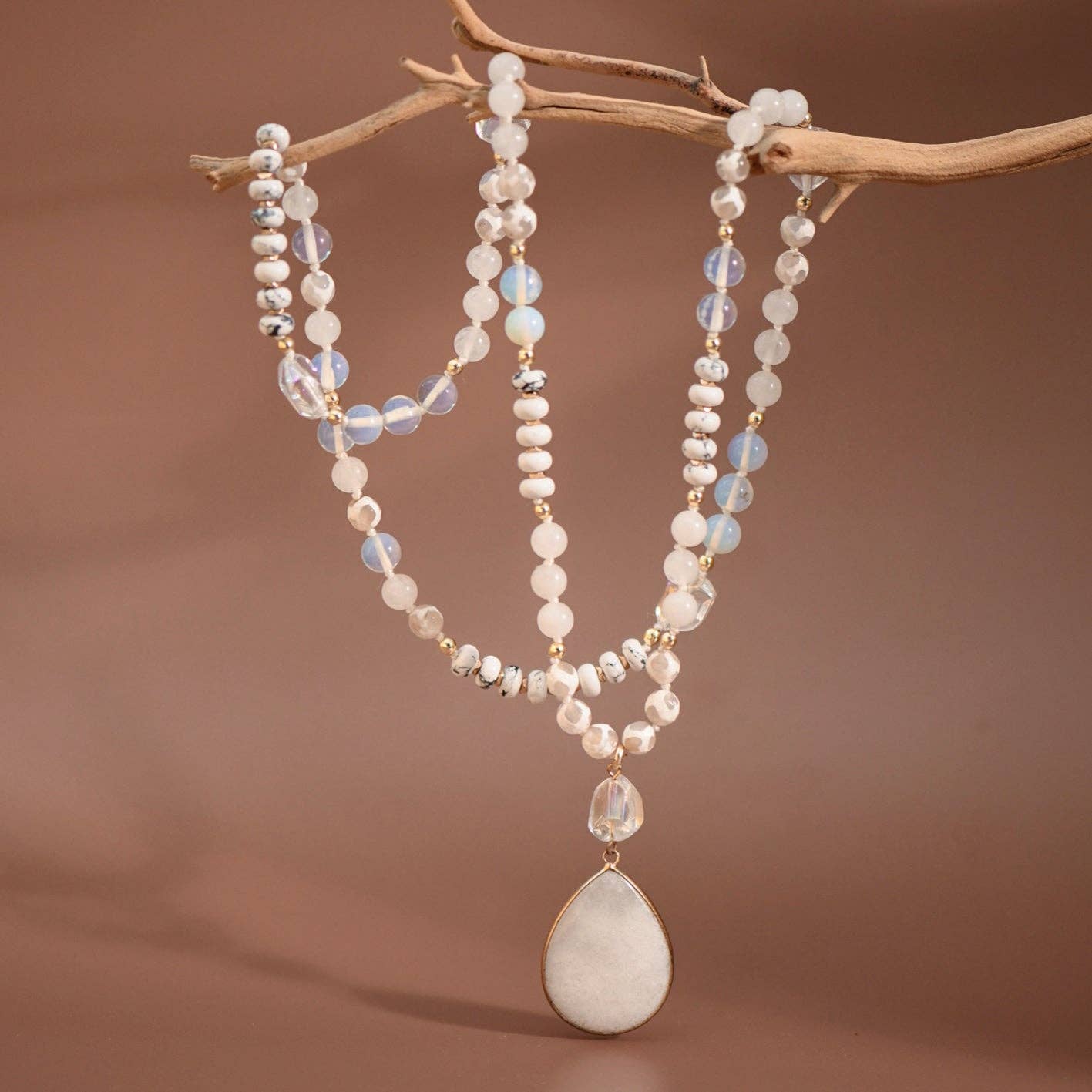 Stone Beaded Long Necklace, Large Stone Pendant