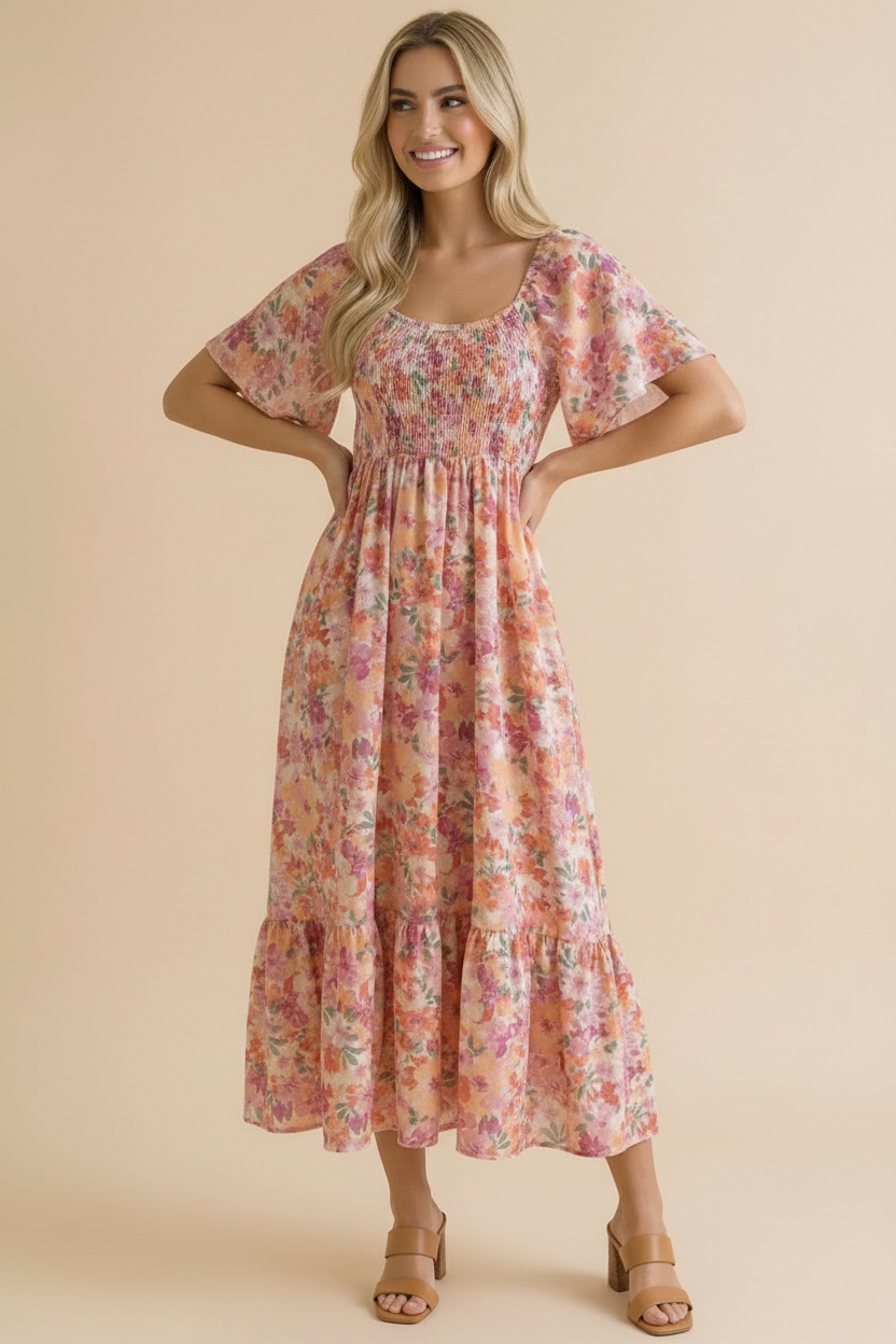Sweetheart Flutter Sleeve Floral Maxi Dress