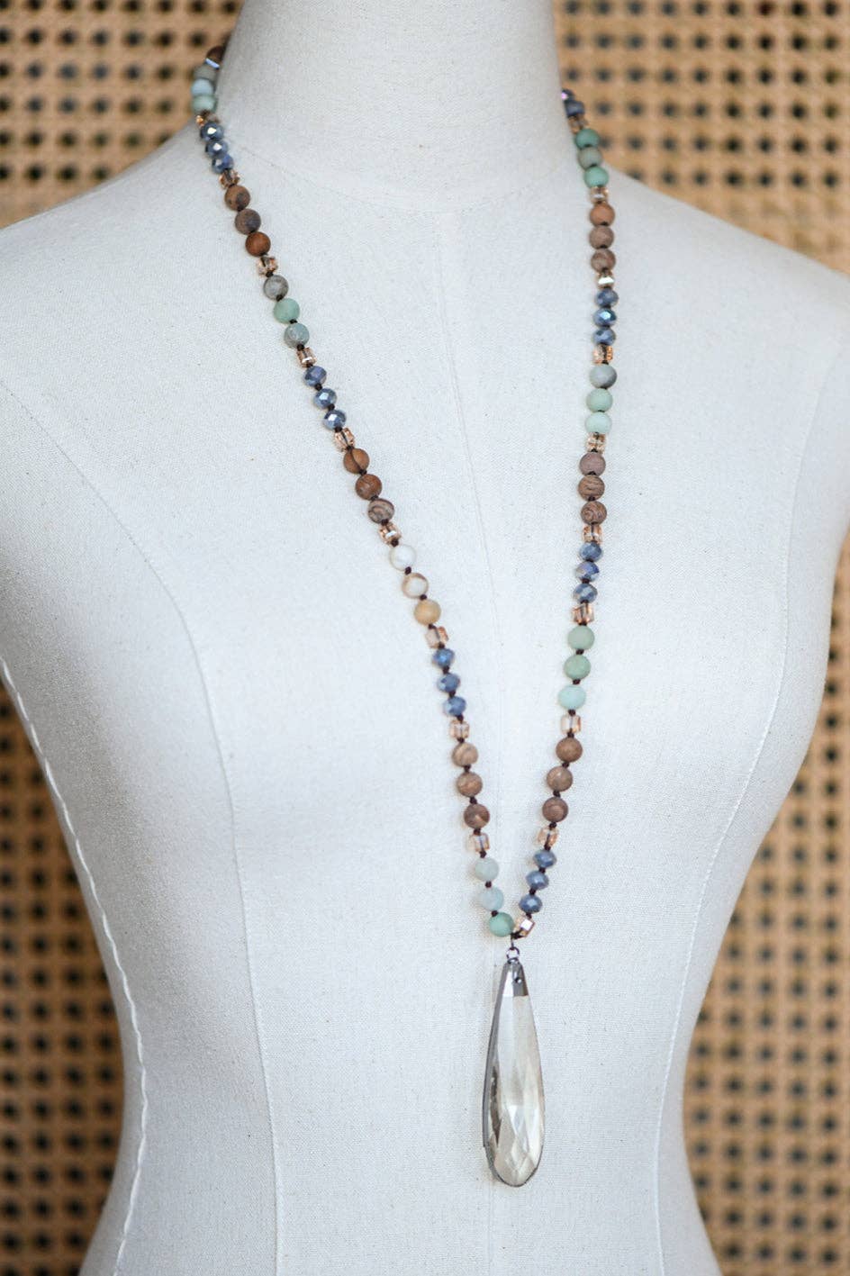 Natural Stone Bead Necklace with Crystal Pendant