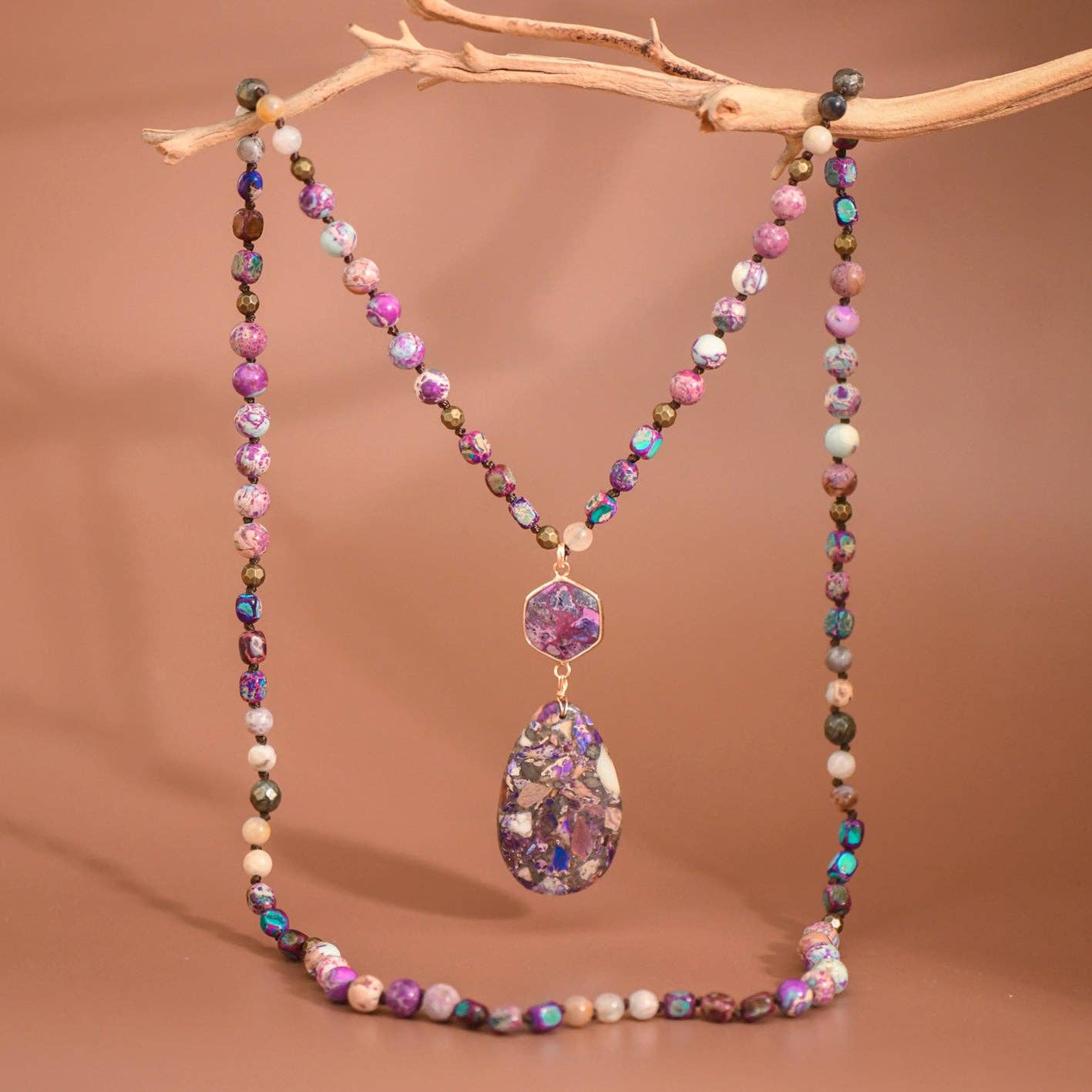 Stone Beaded Long Necklace, Large Stone Pendant