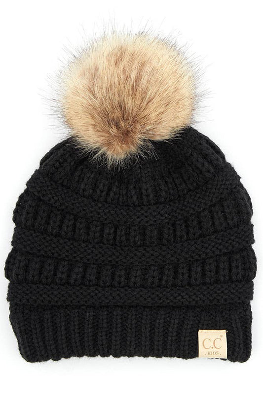 C.C Kids Solid Ribbed Beanie with Pom