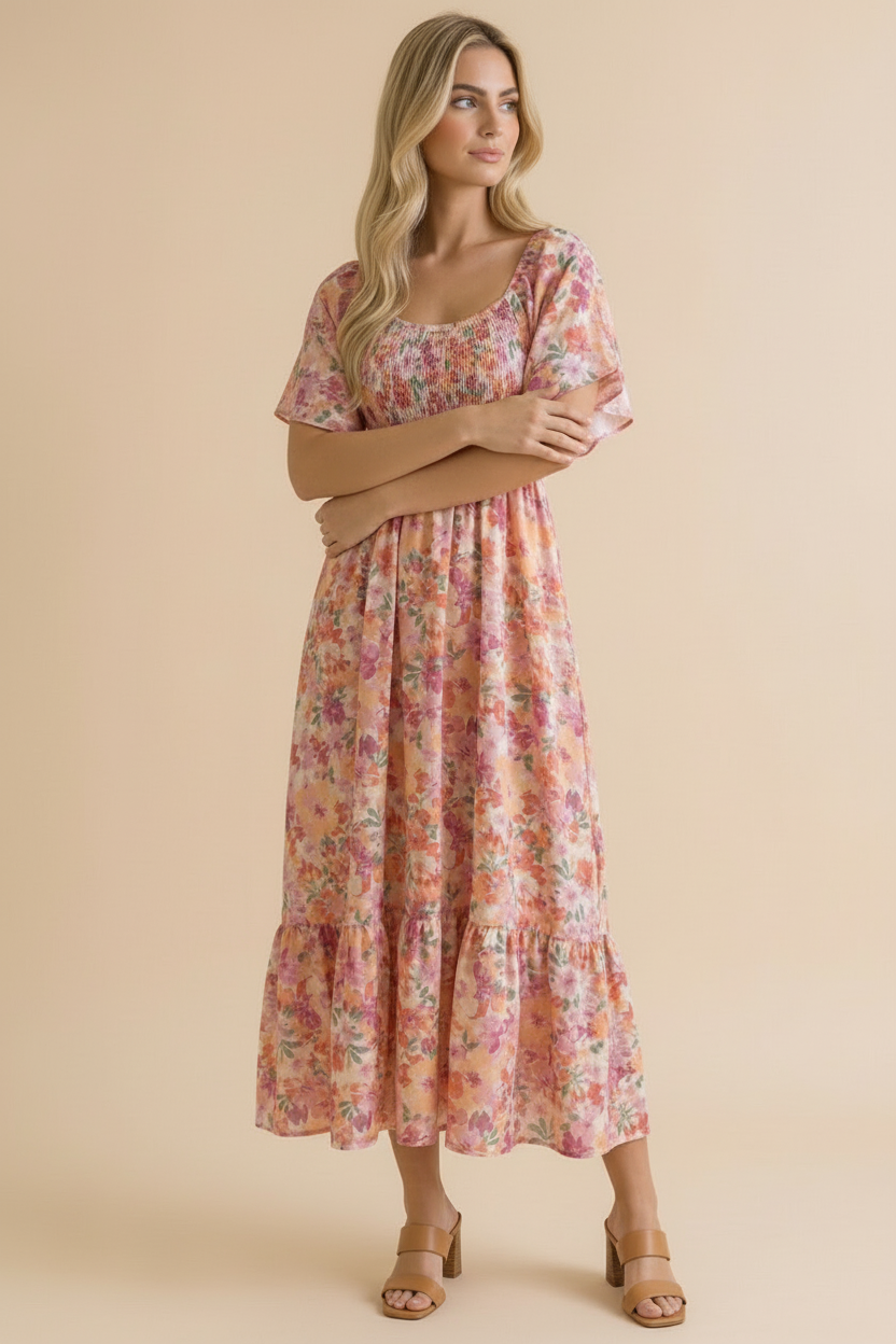 Sweetheart Flutter Sleeve Floral Maxi Dress