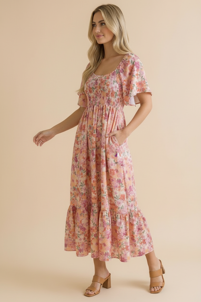 Sweetheart Flutter Sleeve Floral Maxi Dress