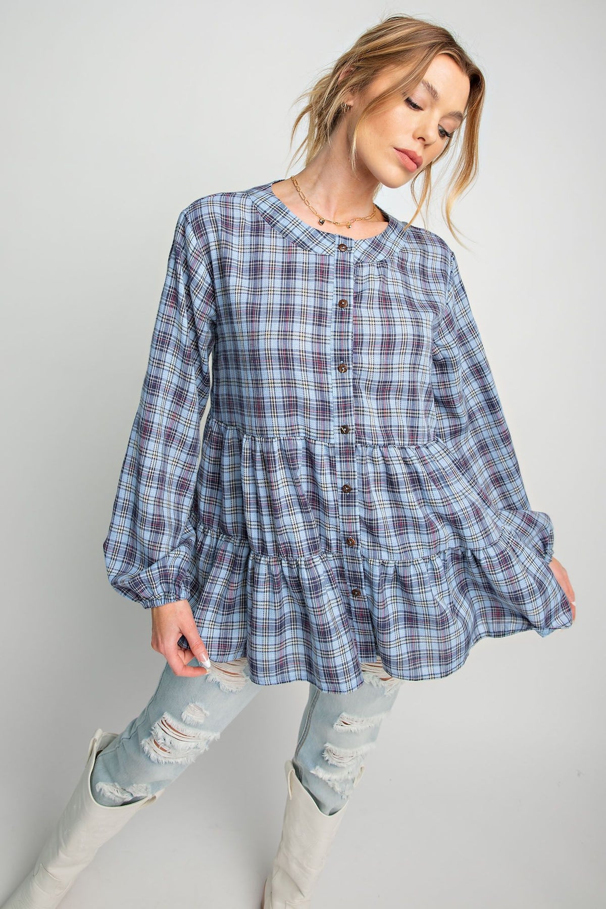 Plaid Button Down Ruffle Tunic