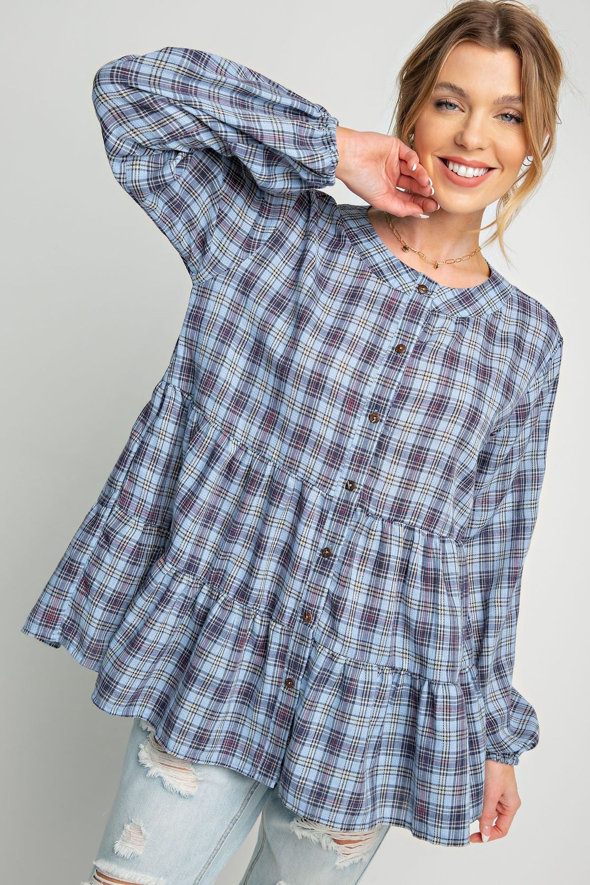 Plaid Button Down Ruffle Tunic