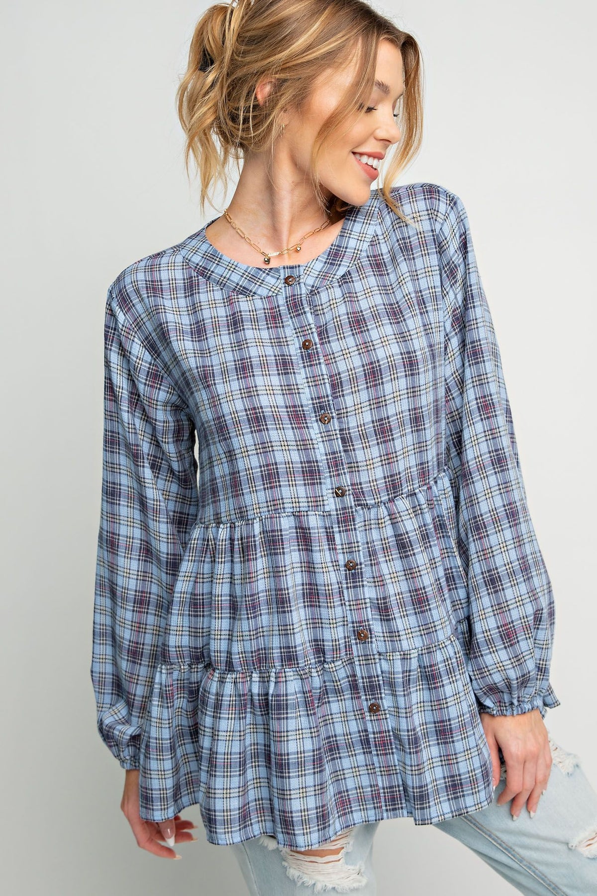 Plaid Button Down Ruffle Tunic
