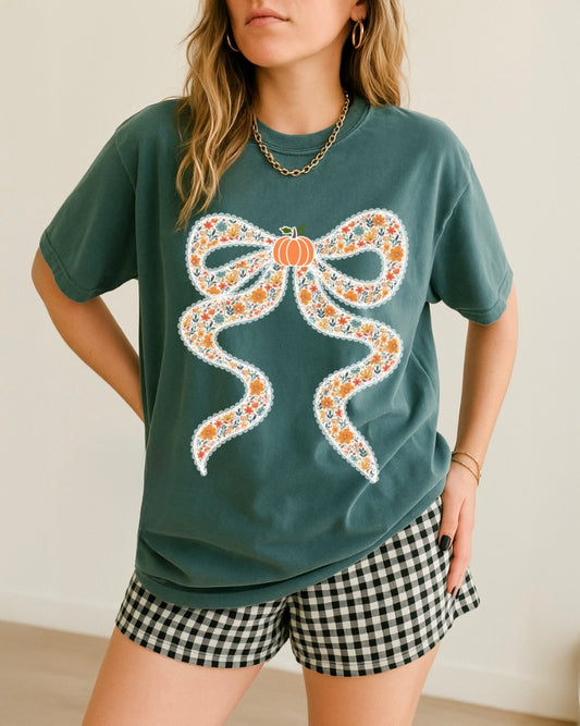 Pumpkin Coquette Bow Graphic T-shirt