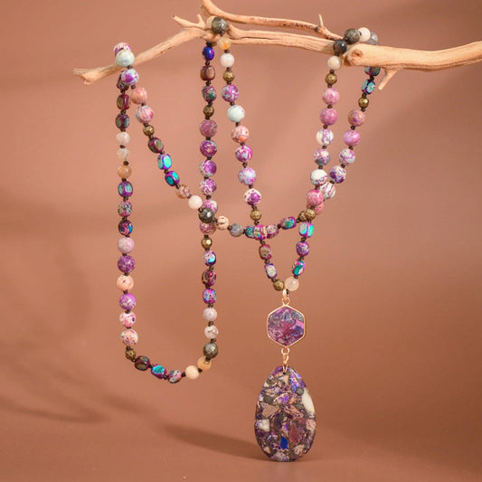 Stone Beaded Long Necklace, Large Stone Pendant