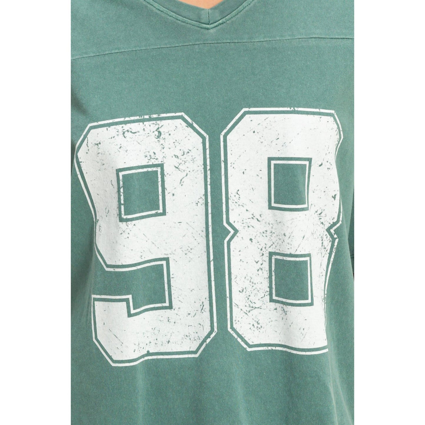 Oversized Varsity Style V-Neck Graphic T-Shirt