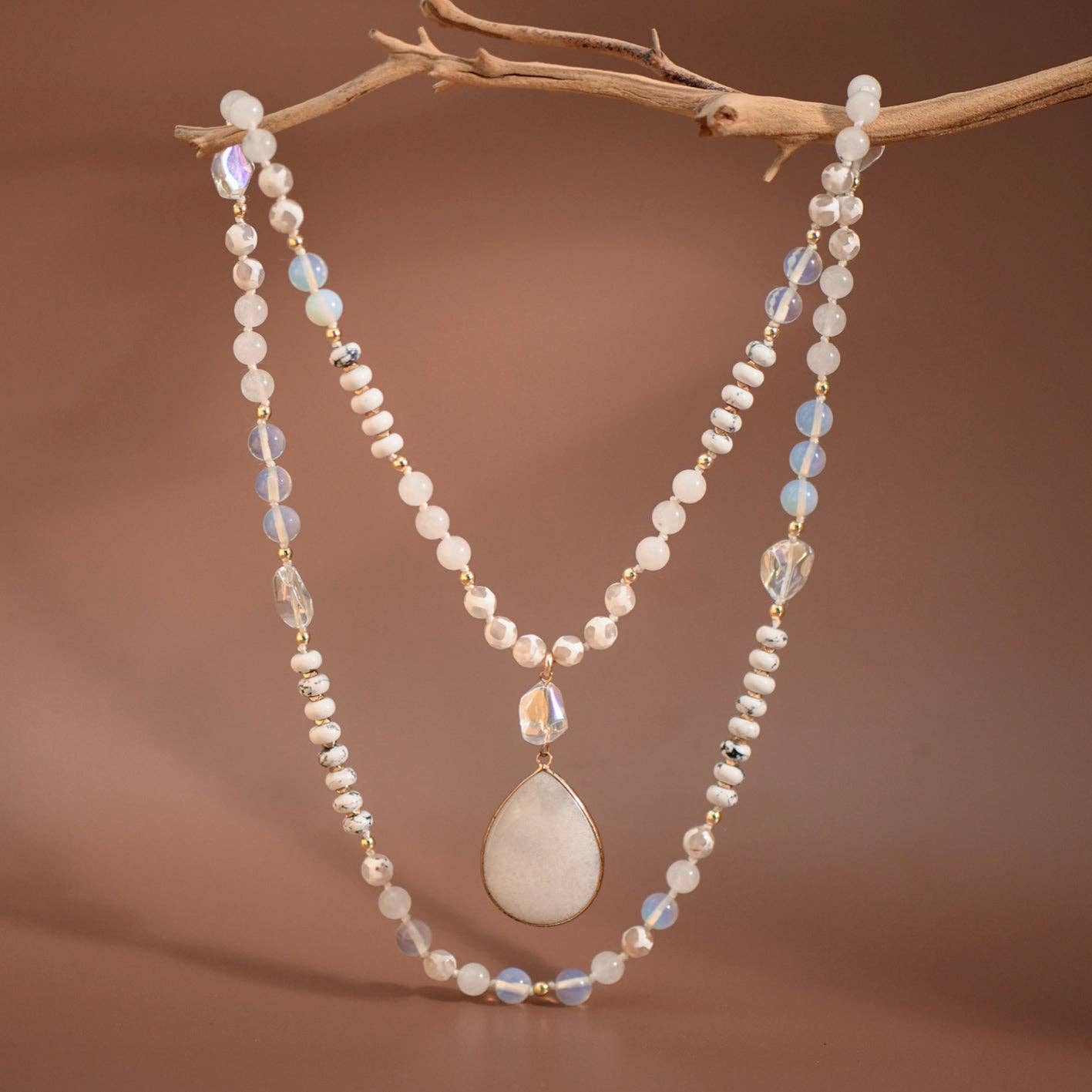 Stone Beaded Long Necklace, Large Stone Pendant