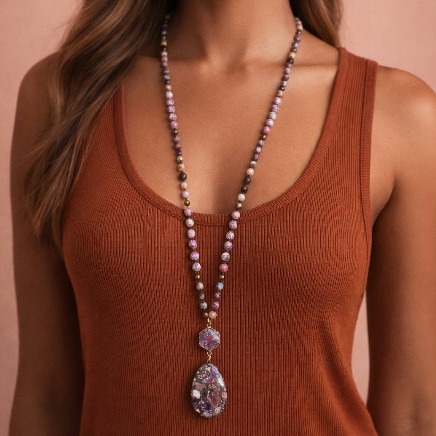 Stone Beaded Long Necklace, Large Stone Pendant