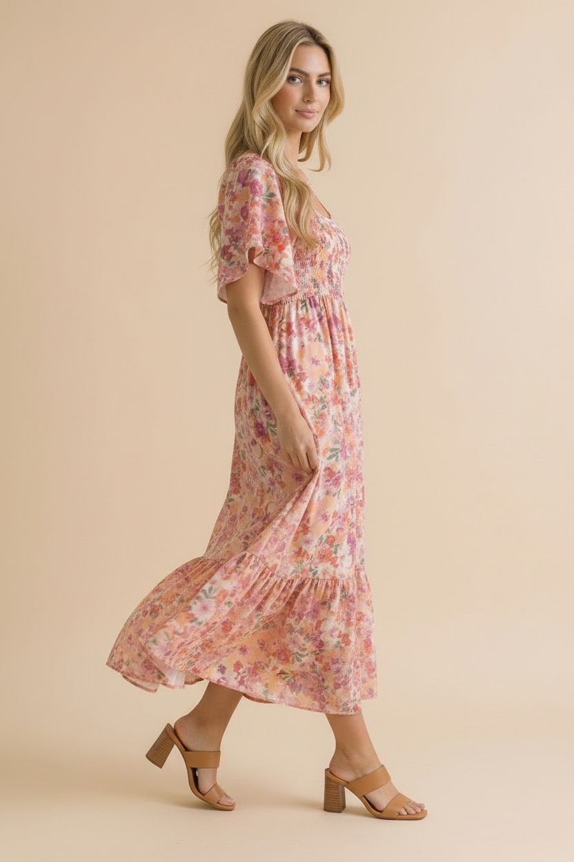 Sweetheart Flutter Sleeve Floral Maxi Dress