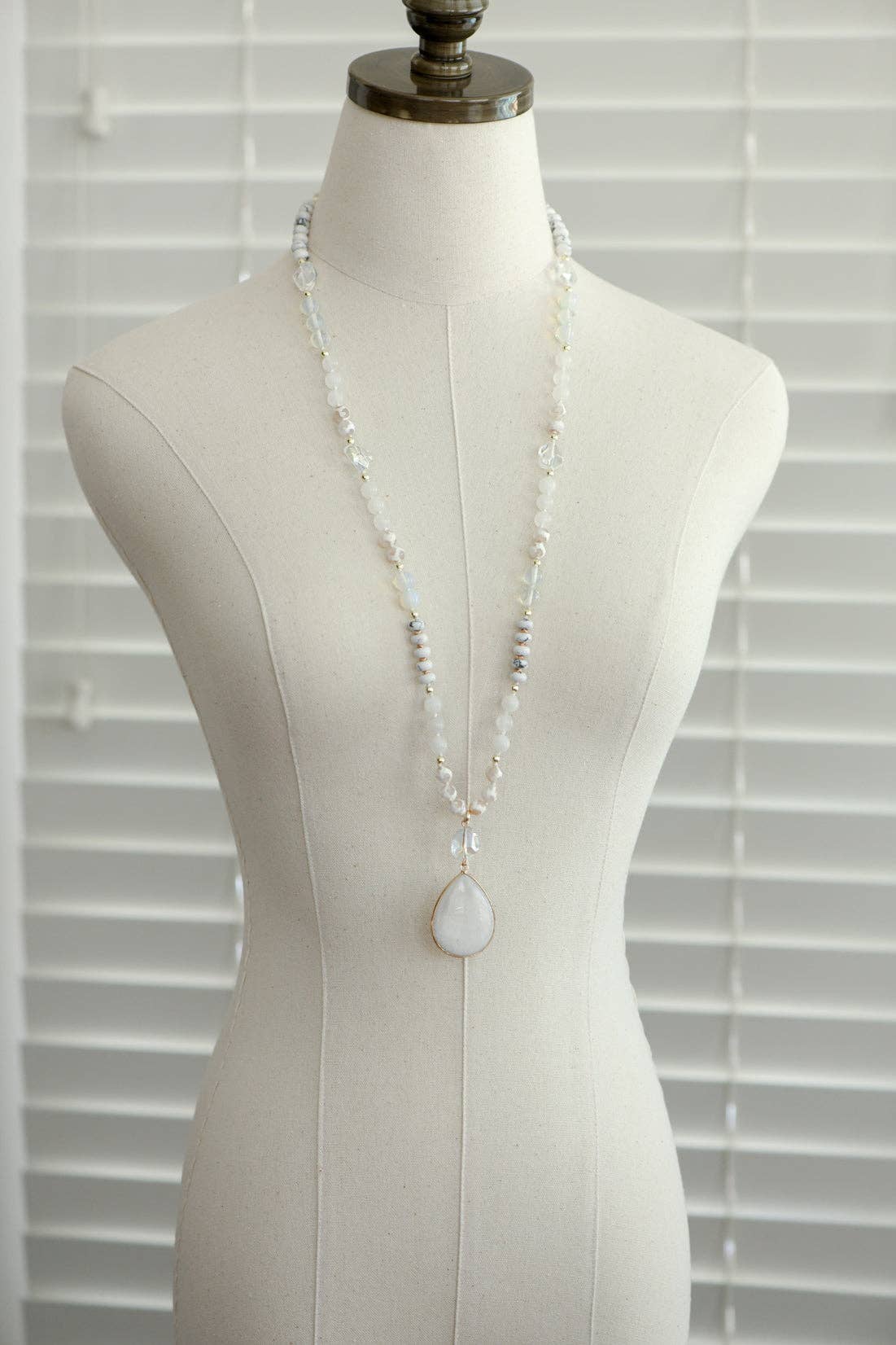 Stone Beaded Long Necklace, Large Stone Pendant
