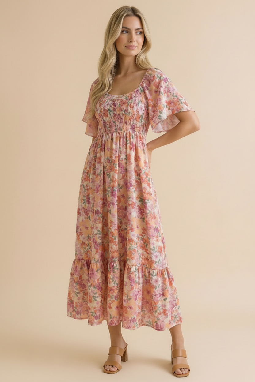 Sweetheart Flutter Sleeve Floral Maxi Dress