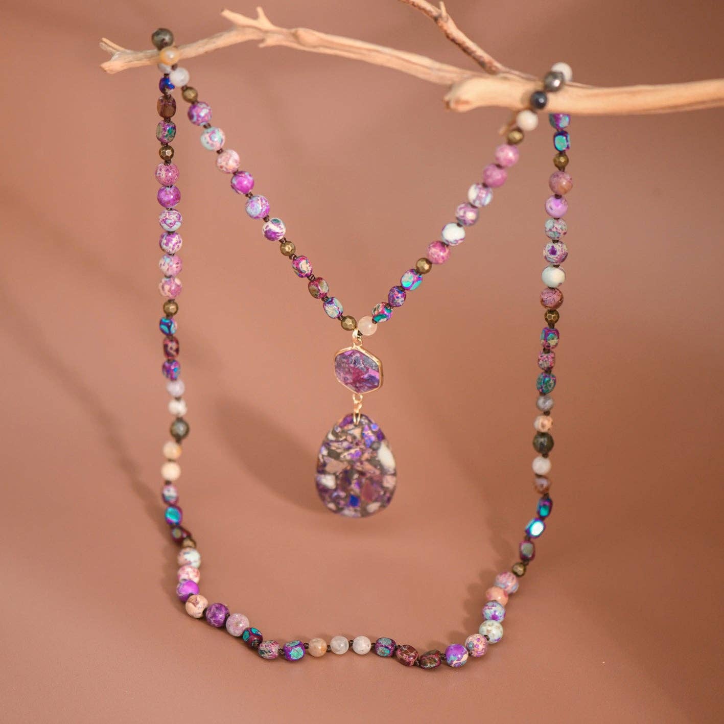 Stone Beaded Long Necklace, Large Stone Pendant