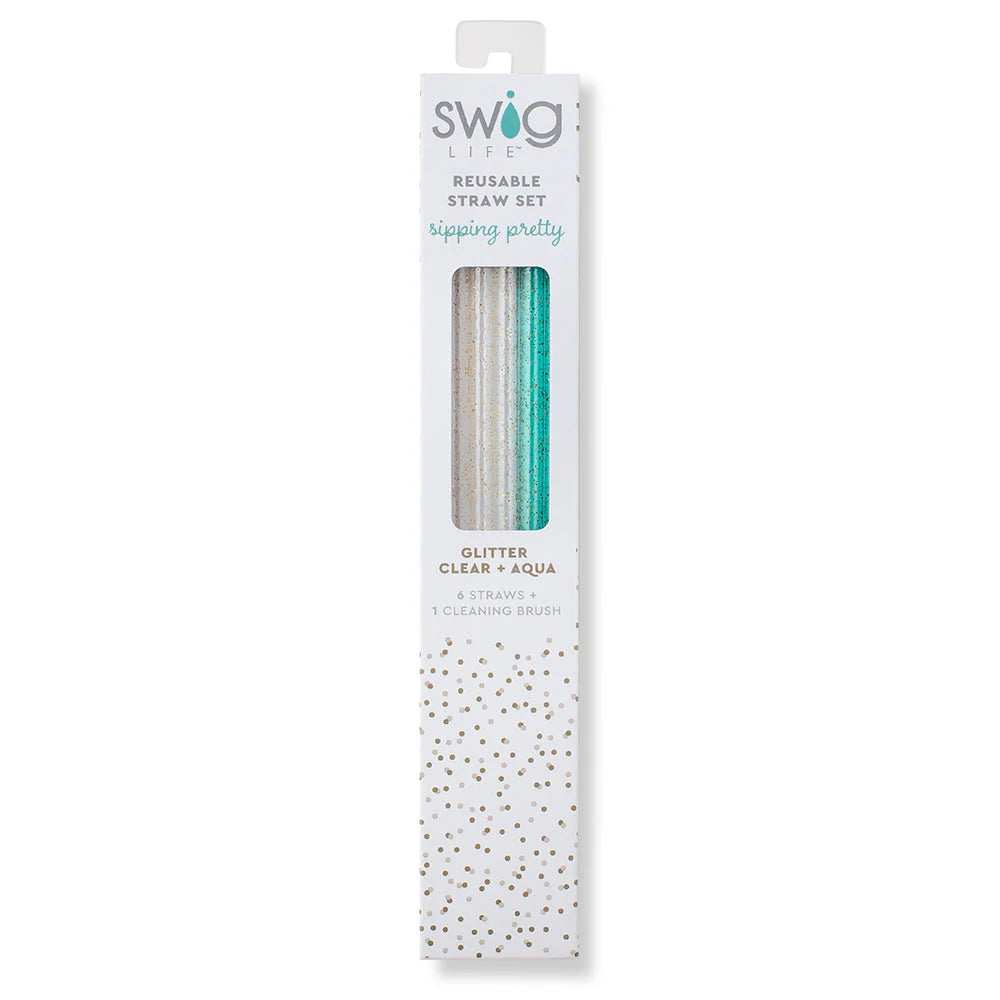 Glitter Clear & Aqua Straw Set