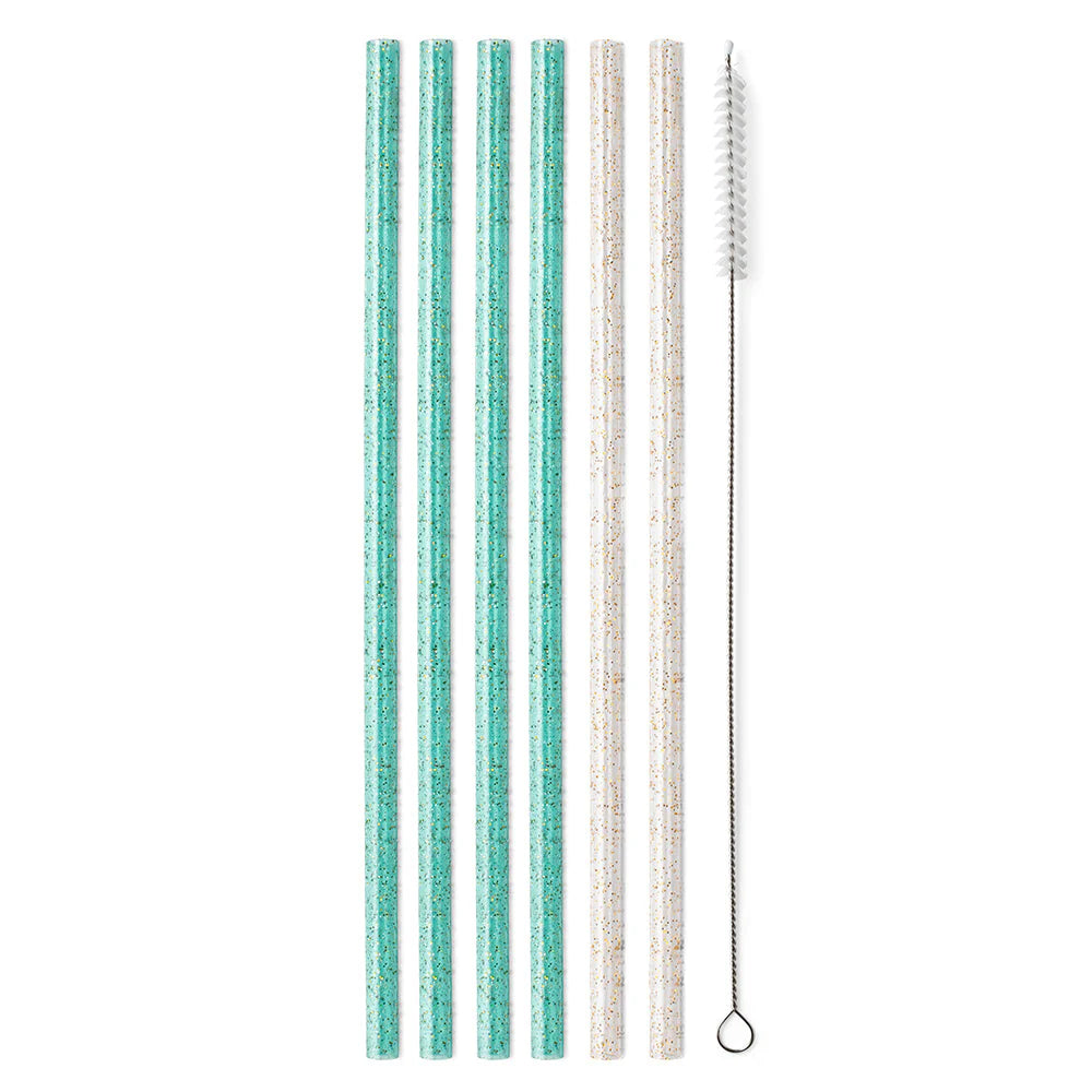 Glitter Clear & Aqua Straw Set