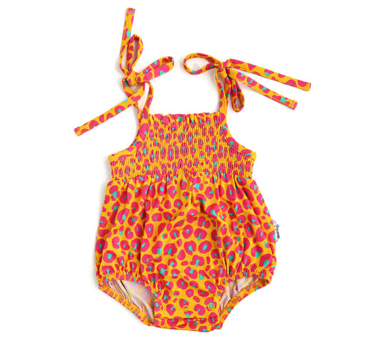 Kelly Leopard Smocked Bubble Romper by Gigi & Max
