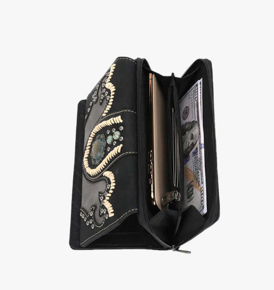 Embroidered Cut-out Boot Scroll Concho Wallet