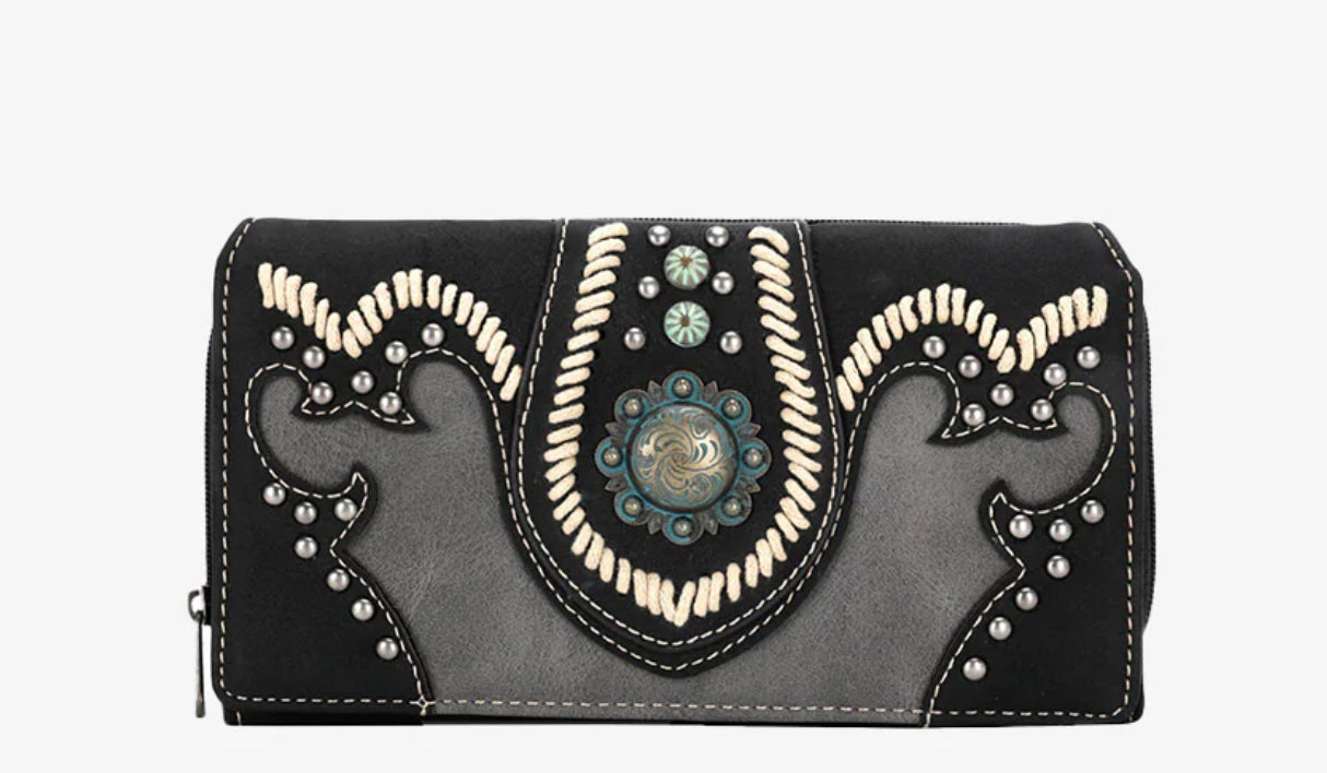 Embroidered Cut-out Boot Scroll Concho Wallet